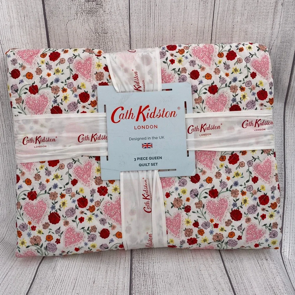 Cath Kidston Floral Heart Quilt Set Queen Pink Cotton Shabby Chic Cottagecore